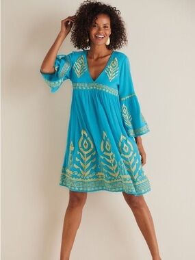 NWT Soft Surroundings Zaneta Dress Turquoise Babydoll Gold Flare Long Sleeve PS